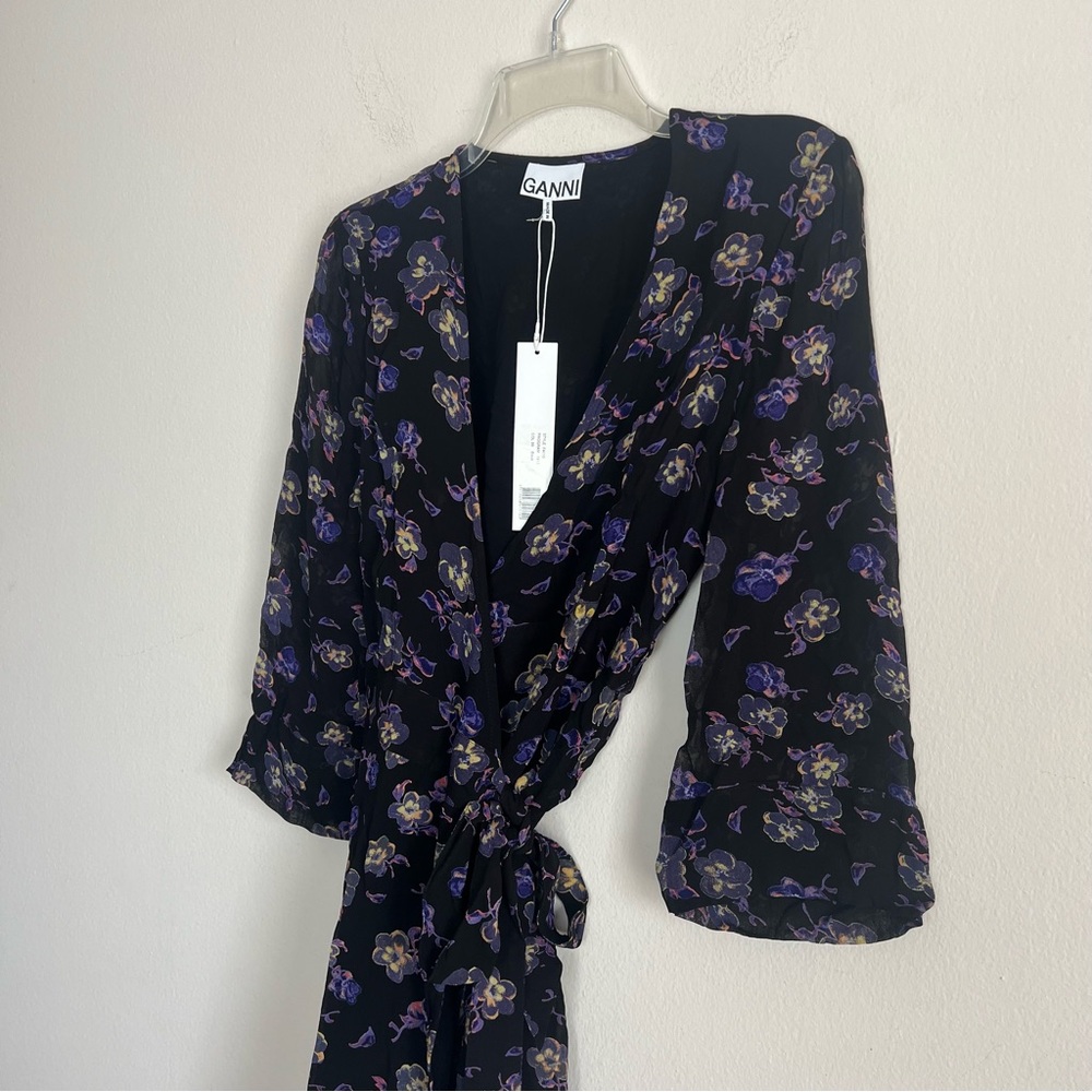 NWT Ganni Floral Print Georgette Wrap Puff Dress - Picture 12 of 13